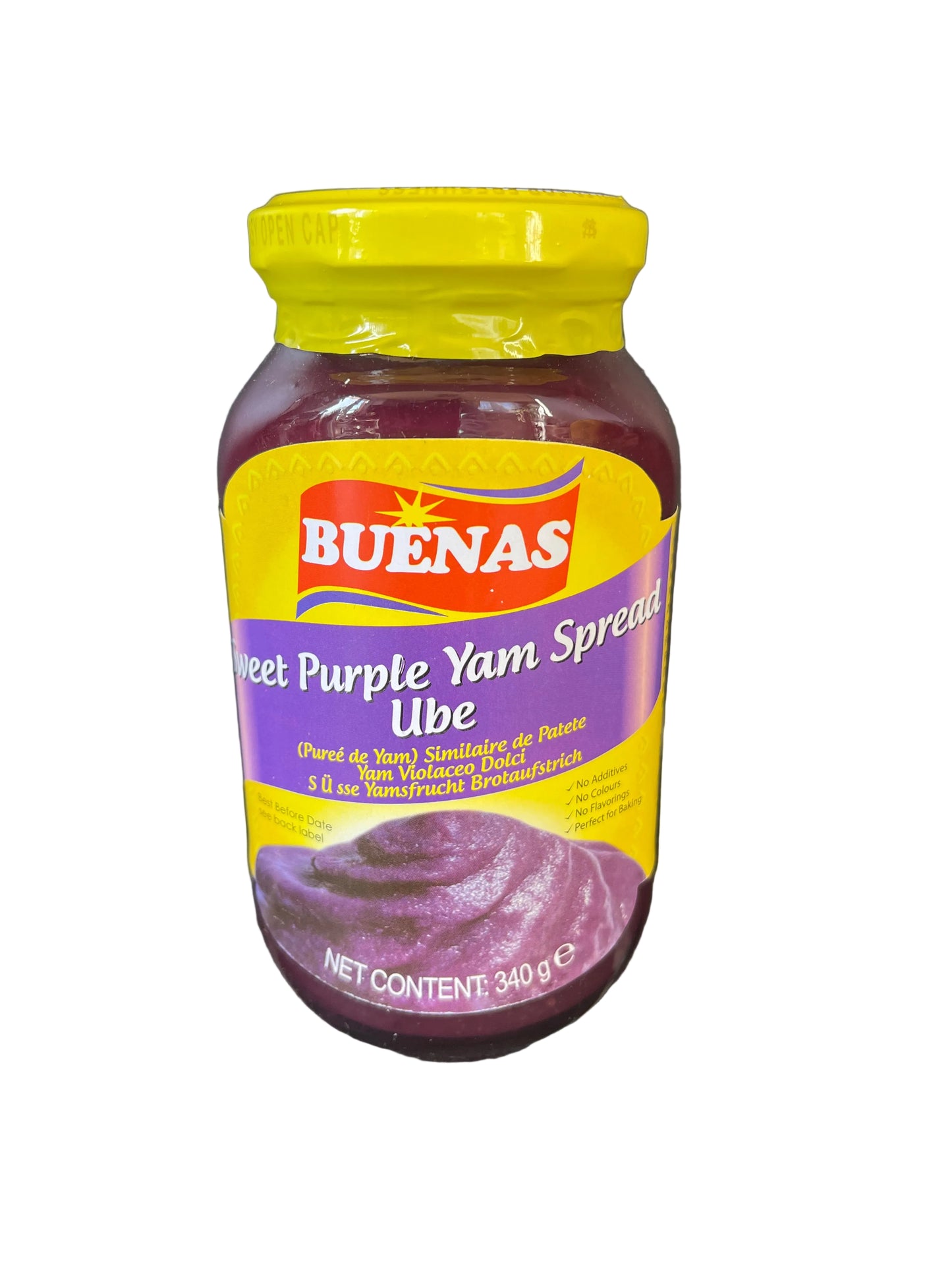 A jar of Buenas Sweet Purple Yam Spread, Ube, with a yellow lid on a kitchen counter.