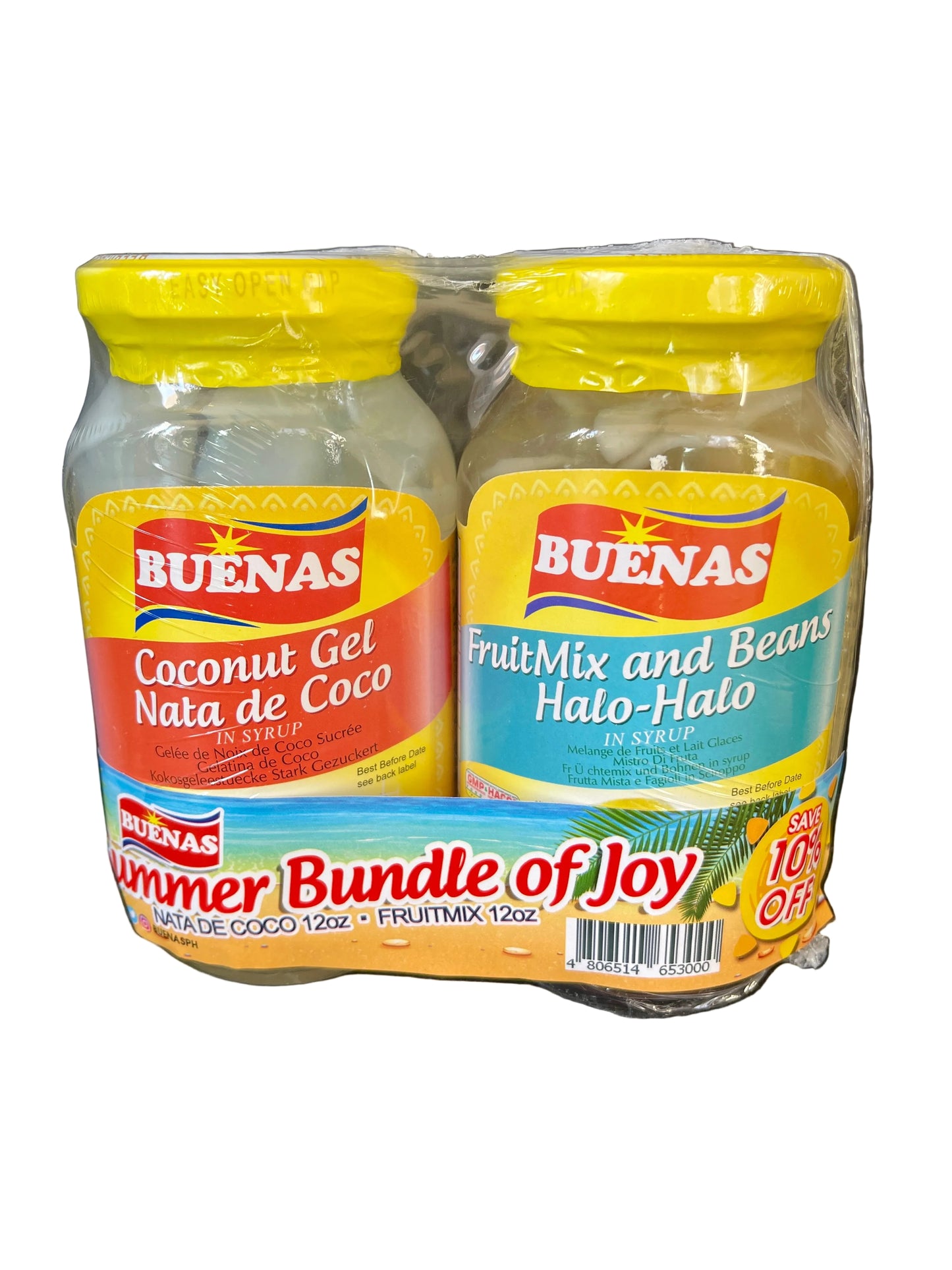 Two jars of Buenas Halo Halo coconut gel and a multi-mix fruit and bean product, packaged together with 'Summer Bundle of Joy' and 'Halo Halo' labels.