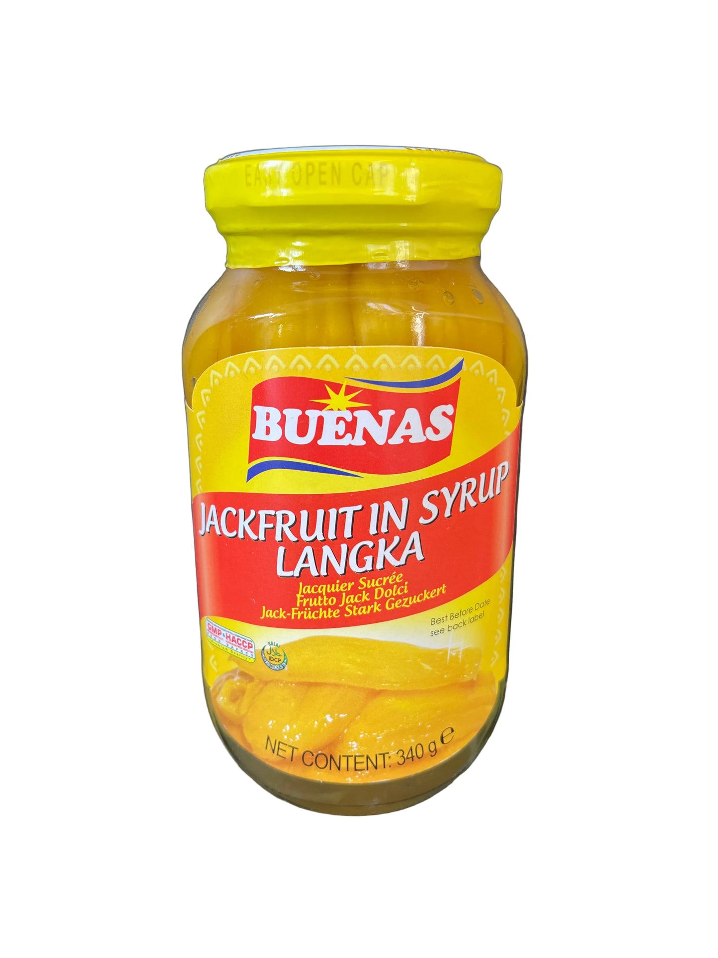 A jar of Buenas Jackfruit in Syrup Langka, with the label showing the brand name and the product name.